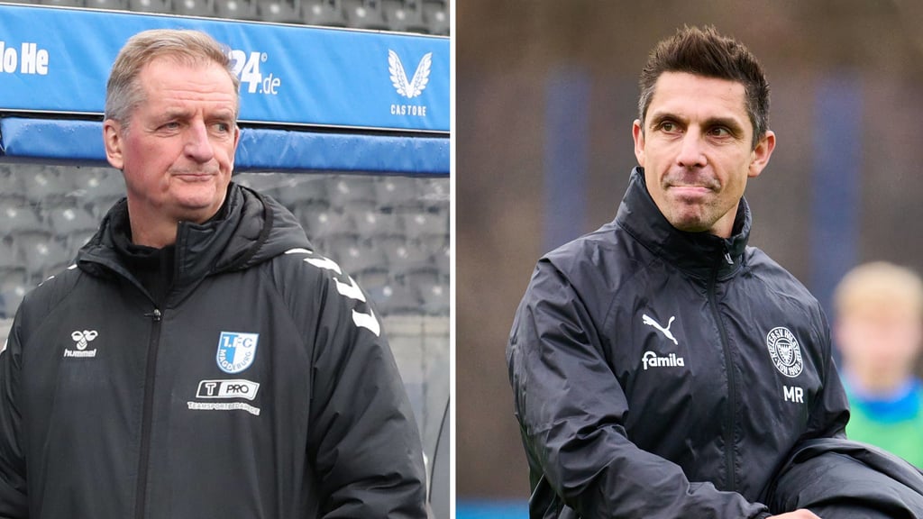 FCM-Trainer Petrik Sander und sein kommender Gegner-Coach Marcel Rapp von Holstein Kiel.