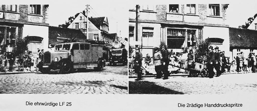 Historische Aufnahmen rund um die Feuerwehr in Tangerhütte – aus der Festschrift zum 100. Geburtstag.