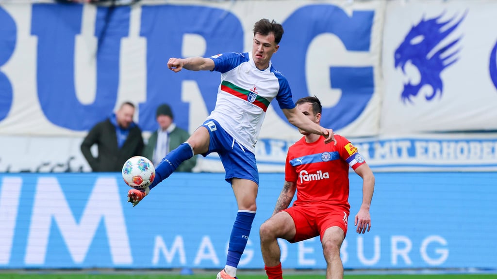 Noah Pesch glich für den 1. FC Magdeburg beim Spiel gegen Holstein Kiel aus.