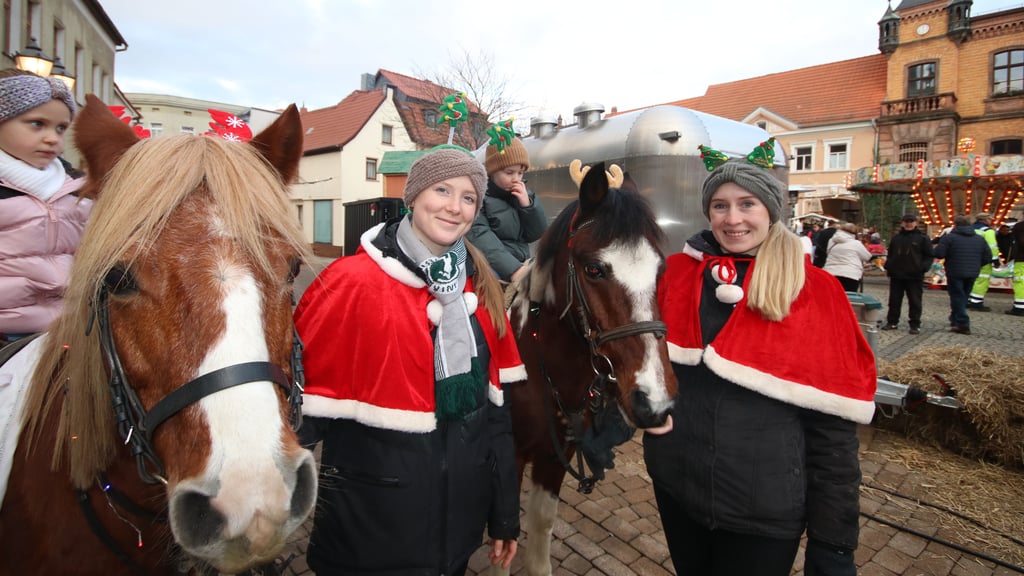 Beim Weihnachtsmarkt in Calbe gehören Ponys dazu. Louisa und Lina führen die Ponys Hanna und Oki-Doki an den Zügeln durch die Innenstadt von Calbe.   