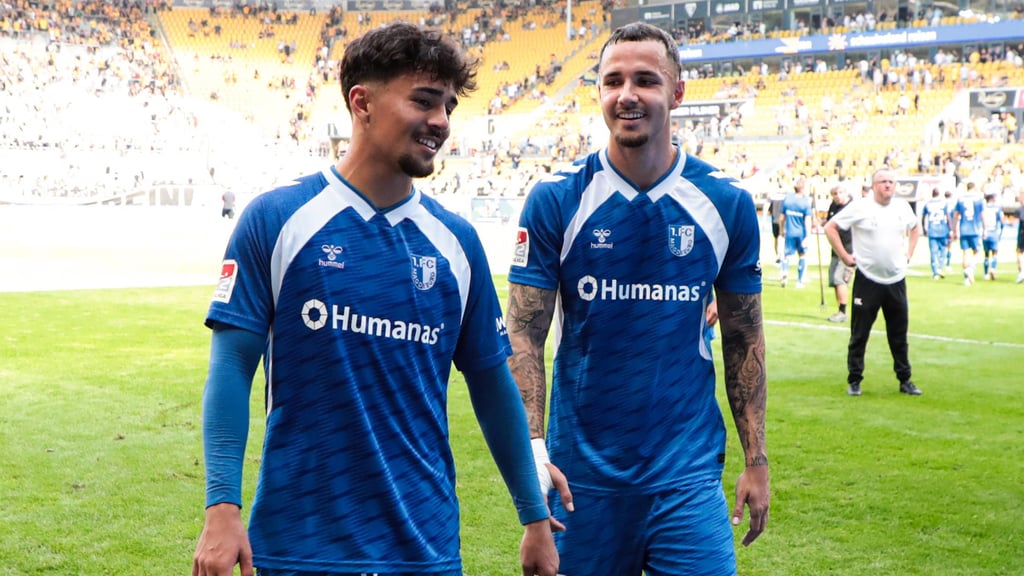 Laurin Ulrich (l.) ist der wertvollste Profi im Kader des 1. FC Magdeburg, während Falko Michel seinen Marktwert zuletzt deutlich steigern konnte.