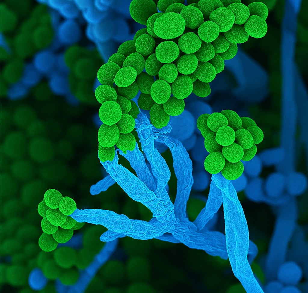 Penicillium bedeutet auf Lateinisch „kleiner Pinsel“, weil die Zellketten mit Sporen am Ende so ähnlich aussehen (Handout)