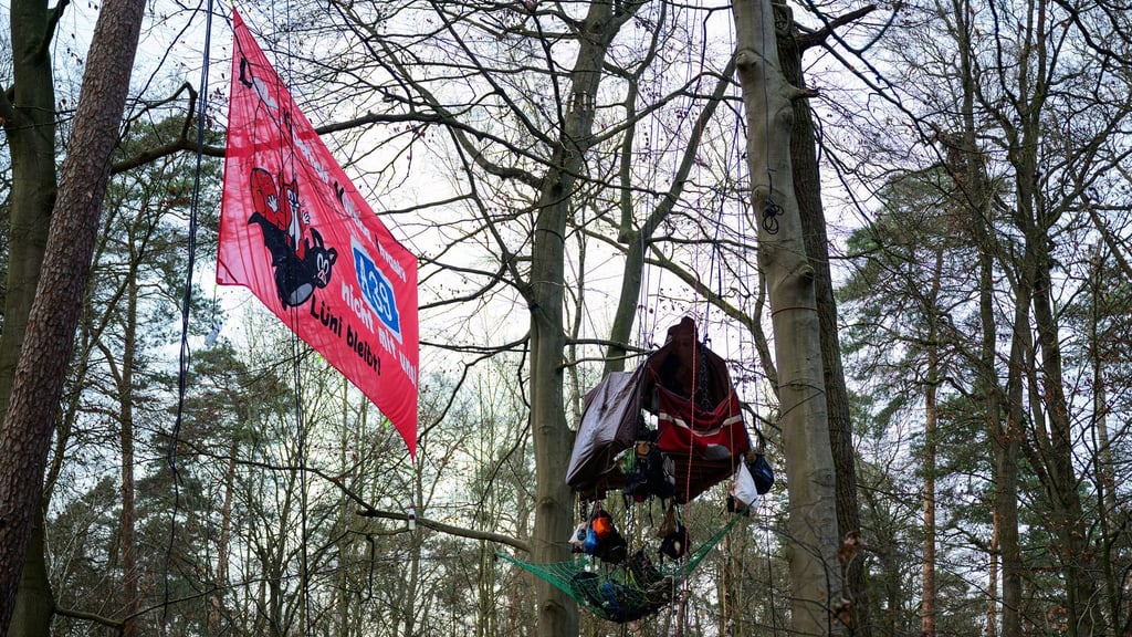 Eine kleine Gruppe demonstriert im Wald gegen den Ausbau der A39.