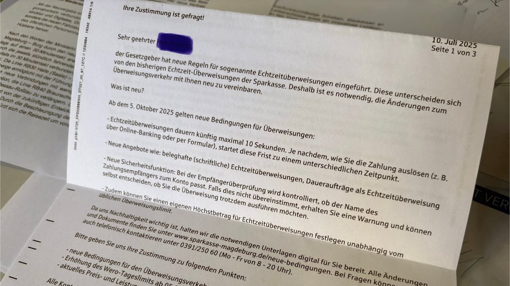 Kunden der Sparkasse MagdeBurg haben auf diesen Brief reagieren müssen. Wer den neuen AGB der Bank nicht zustimmt, verliert sein Konto.&nbsp;&nbsp;