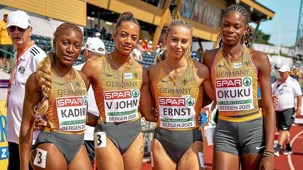 Den letzten großen Erfolg landete Chelsea Kadiri (l.) mit der deutschen U-23-Sprintstaffel in Bergen (Norwegen).