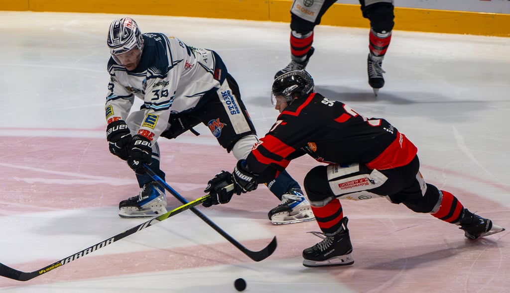 Jesper Akerman (r.) und den Saale Bulls steht am Sonntag das nächste Derby gegen die IceFighters Leipzig bevor.