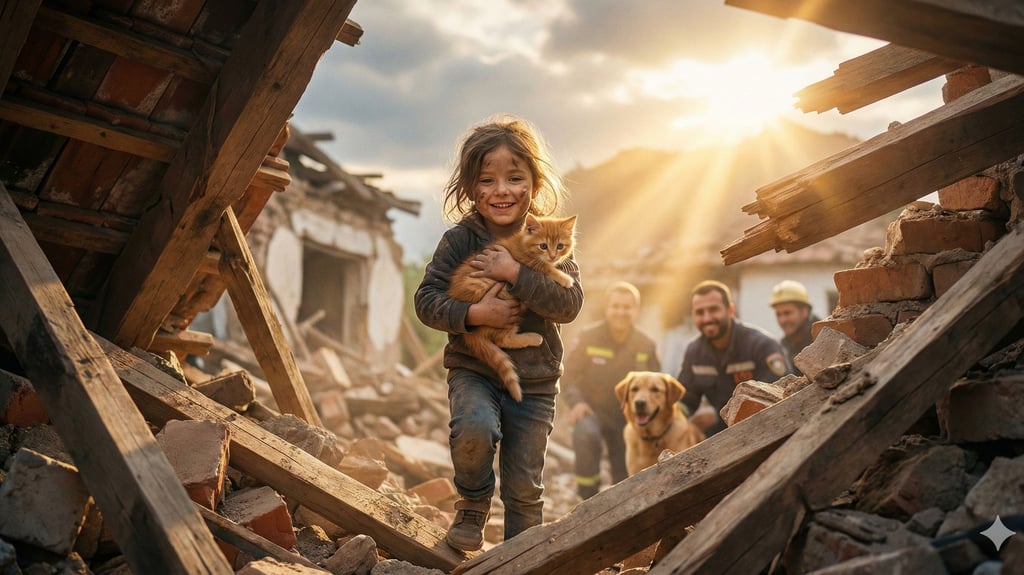 Eine Zeitenwende im Bild: Das kleine Mädchen könnte das süße Kätzchen im Donbass oder im Gazastreifen gerettet haben.  In Wirklichkeit aber hat die Künstliche Intelligenz Gemini sich die Szene ausgedacht.