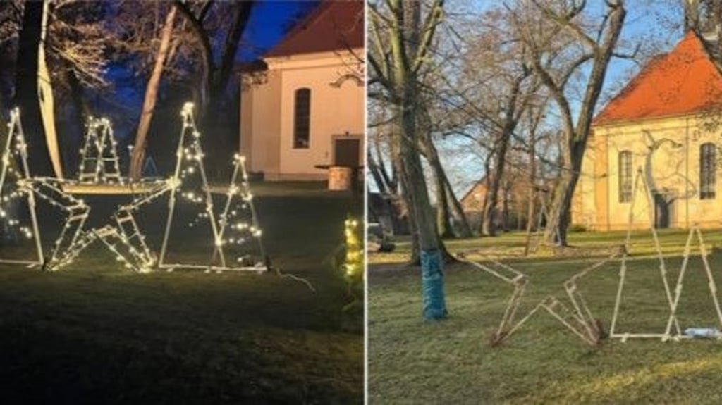 Selbstgebastelte Bäume und weihnachtliche Lichterketten waren verführerisch für Diebe: Ein Weihnachtsbaum wurde vom Kirchvorplatz in Niegripp gestohlen. 