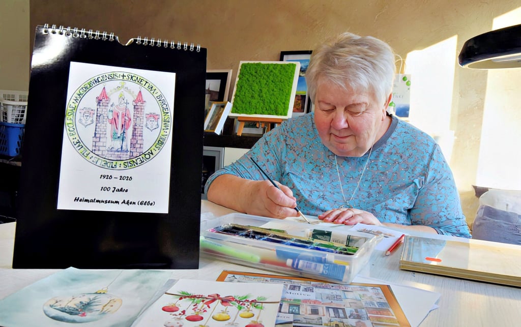 Marlies Flemming malt am liebsten mit Aquarellfarben. Auch ihr letzter Kalender beinhaltet Bilder mit Motiven aus Aken, die sie selbst gefertigt hat.