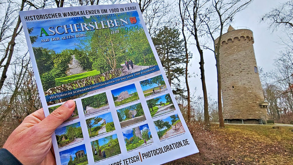 Der neue Kalender von André Tetsch zeigt historische, nachkolorierte Motive rund um die Alte Burg in Aschersleben.