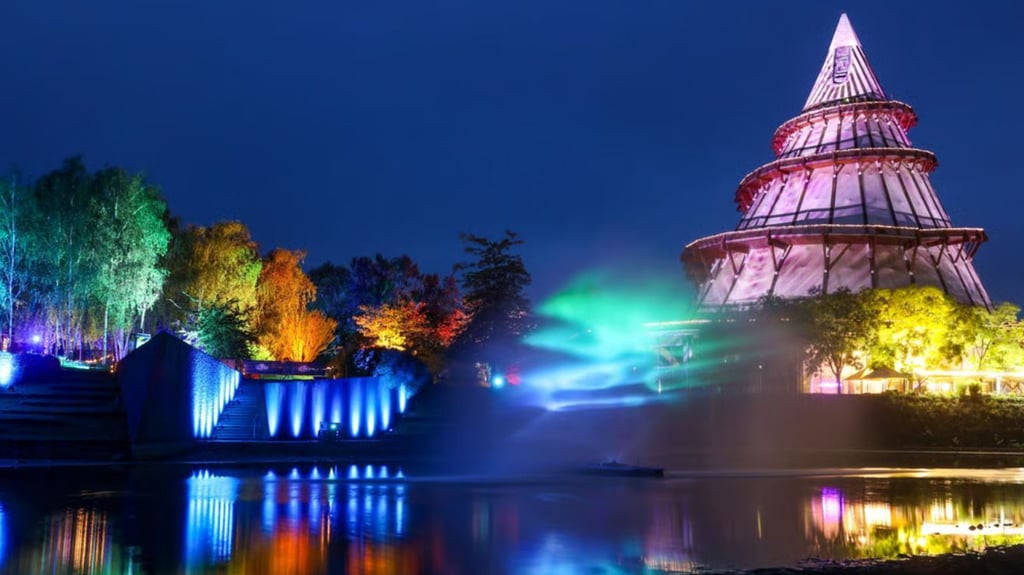 Illuminierter Angersee bei der Lichtershow Lumagica im Elbauenpark in Magdeburg.&nbsp;