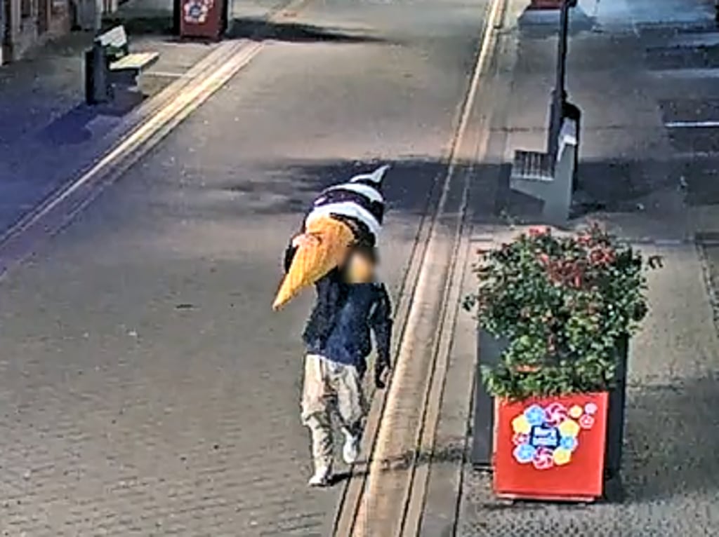 Eine riesige Eistüte wird von einem Mann durch Burg getragen. Er wird kurz darauf gestellt. 