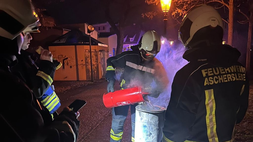 Zu vier Kleinbränden – hier zu einem Papierkorbbrand in der Luisenpromenade – musste die Ascherslebener Feuerwehr in der Silvesternacht ausrücken.