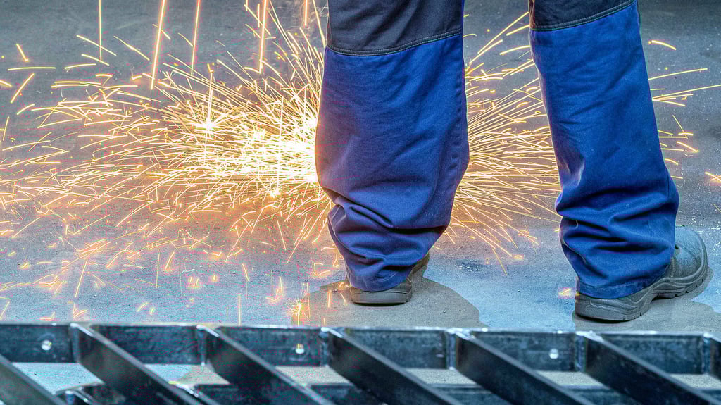  Funken sprühen, während ein Schweißer in einer Werkhalle arbeitet.