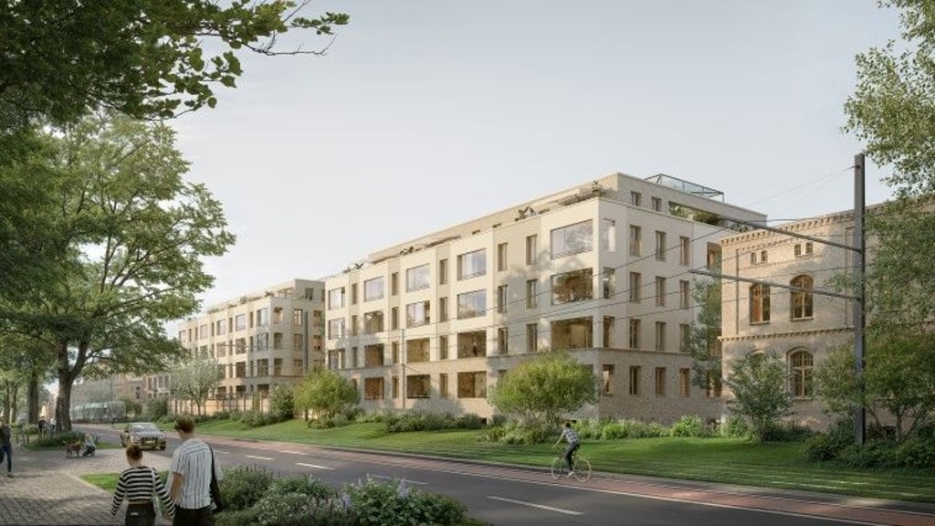 Die Visualisierung zeigt, wie das RAW-Mega-Wohnprojekt zur Straße Alt Salbke hin aussehen soll. 