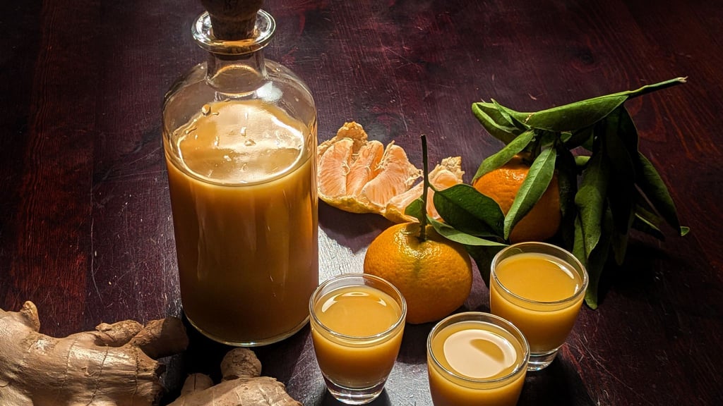 Der Ingwer für den Mandarinen-Ingwer-Shot wird zweimal gepresst und entwickelt dadurch eine besondere Schärfe.