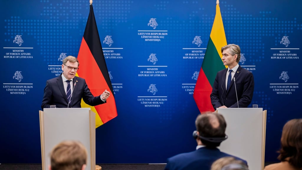 Außenminister Johann Wadephul (l., CDU) und sein litauischer Kollege Kestutis Budrys äußern sich bei einer Pressekonferenz in Vilnius auch zu neuerlichen Drohungen von US-Präsident Donald Trump gegen Grönland.