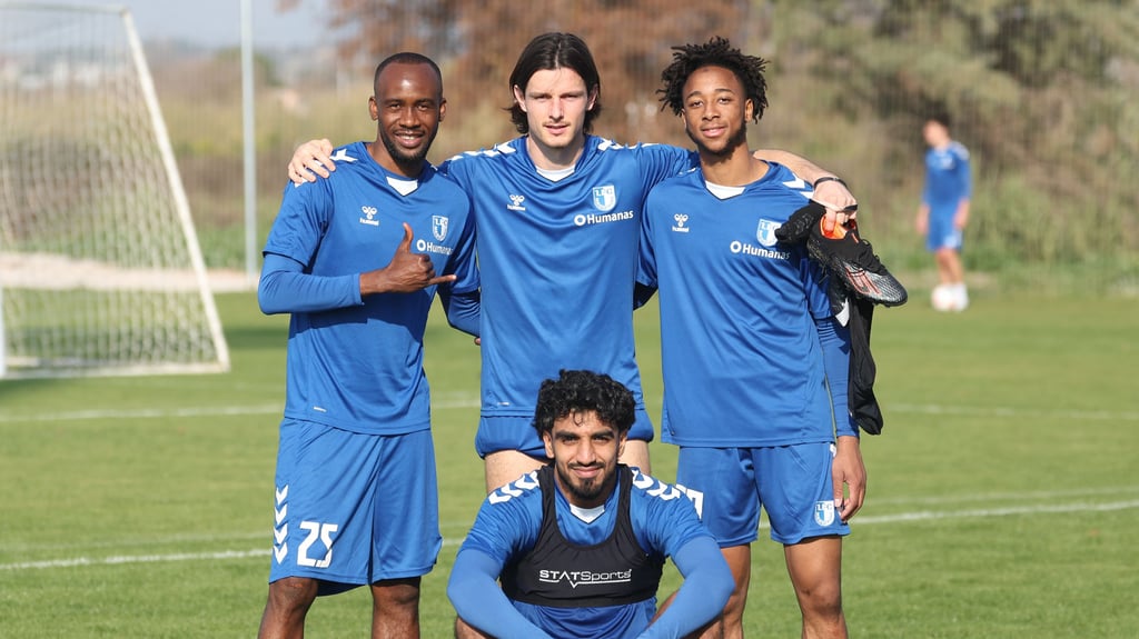 French Connection des 1. FC Magdeburg: Silas Gnaka (hinten v. l.), Jean Hugonet, Kandet Diawara, Rayan Ghrieb (vorne).