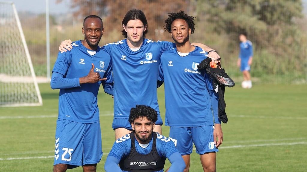 French Connection des 1. FC Magdeburg: Silas Gnaka (hinten v. l.), Jean Hugonet, Kandet Diawara, Rayan Ghrieb (vorne).
