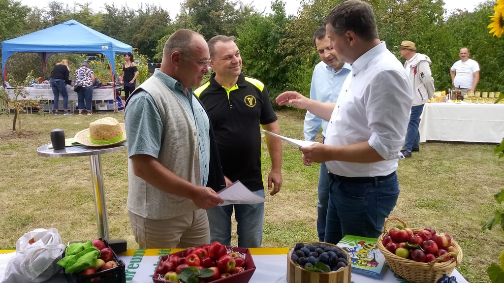 Diskussion im Kleingarten: Verbandschef Olaf Weber (von links), der Vorsitzende der Kleingartensparte „Schulze 13“ in Wanzleben, Thomas Osterloh, Landkreis-Dezernent Uwe Baier und Landwirtschaftsminister Sven Schulze sprechen über die Entwicklung der Gartenvereine.