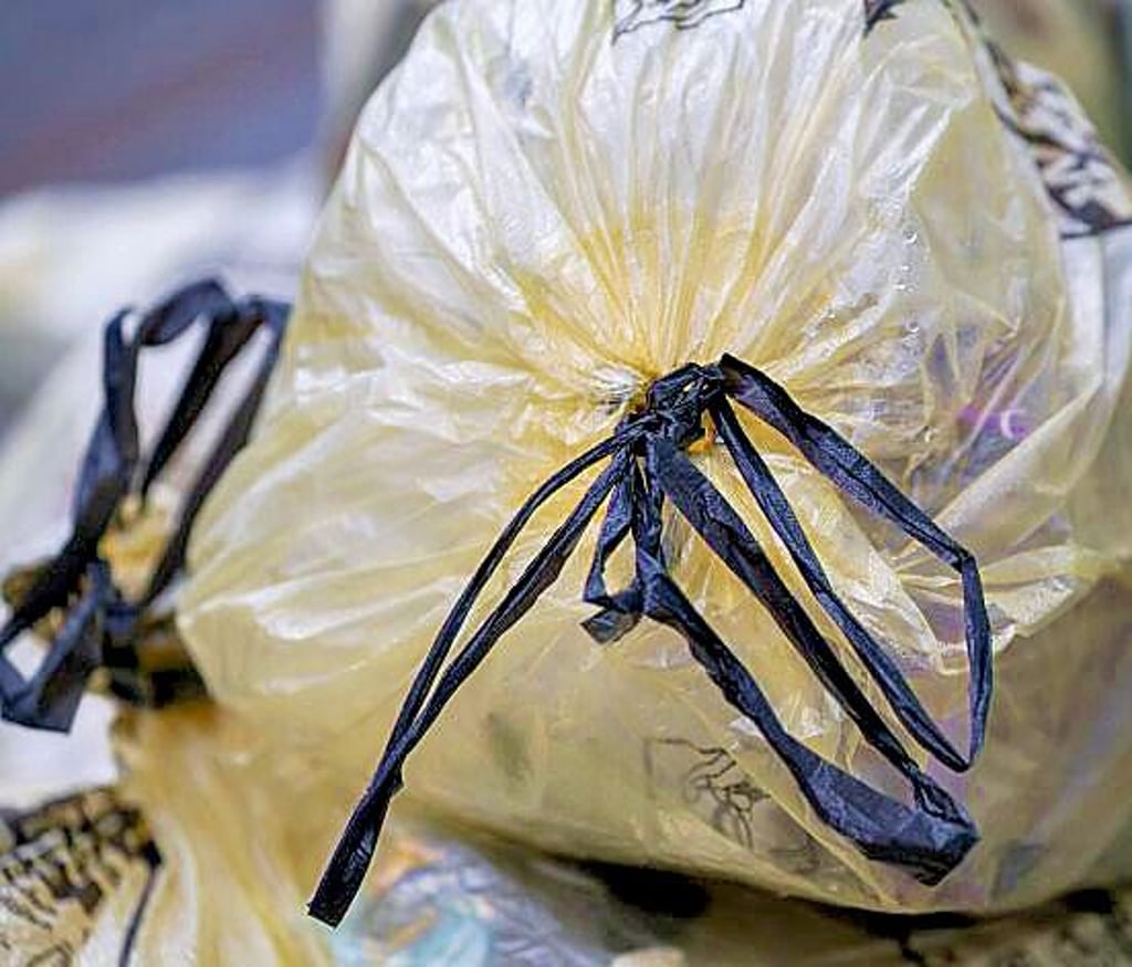 Gelbe Säcke mit Leichtverpackungen wurden zur Abholung auf einem Gehweg bereitgelegt. 