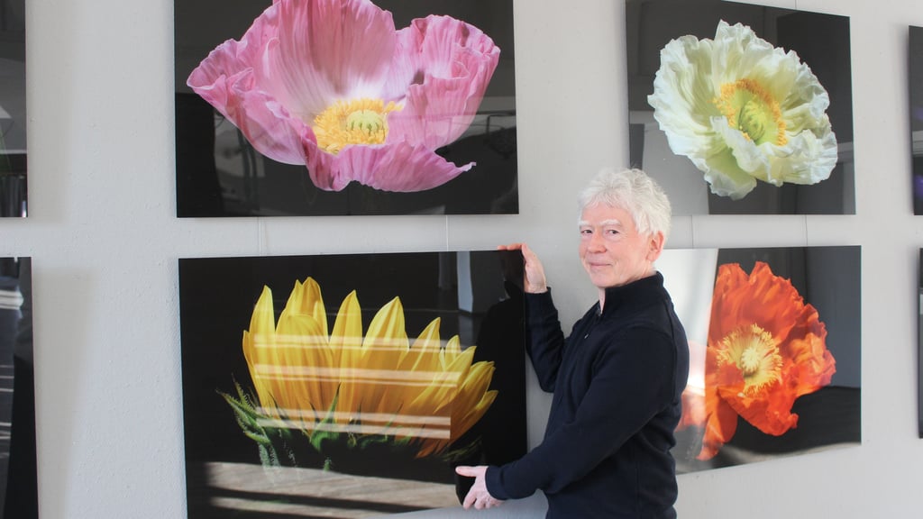 Fotografierte Blumen hängen in der Haldensleber Kulturfabrik. Herbert Pregel stellt seine Werke für knapp zwei Monate aus.