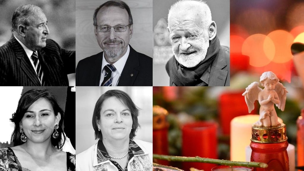 Prominente Todesfälle 2026: oben.v.l.: Dimitar Penew, Roland Schäfer, Bela Tarr; u.v.l.: Victoria Jones, Kathleen Muxel