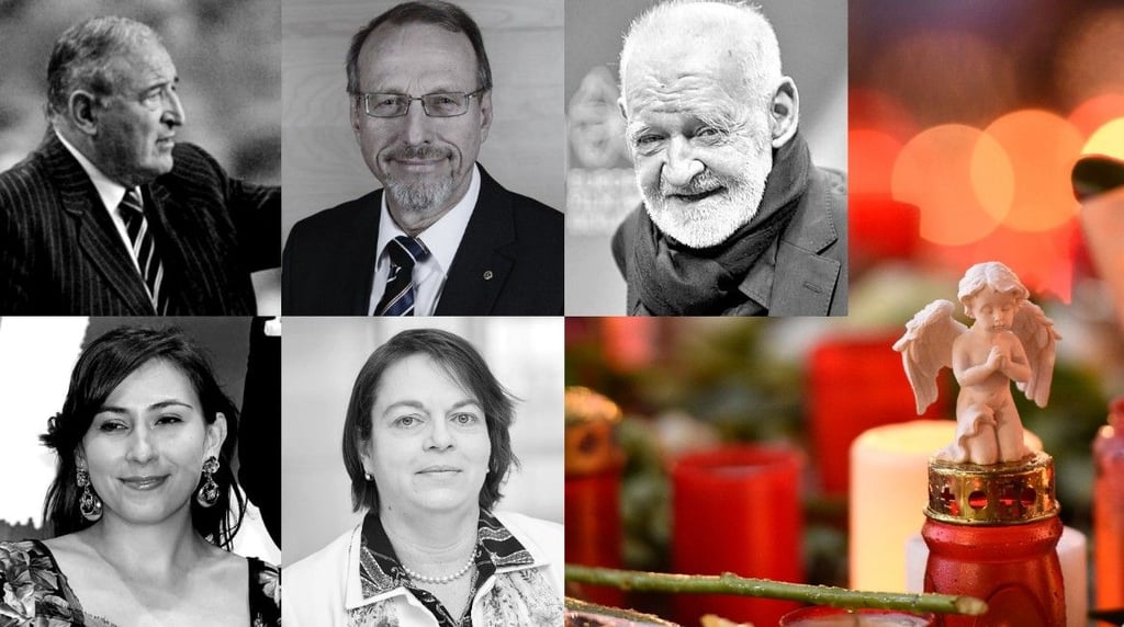 Prominente Todesfälle 2026: oben.v.l.: Dimitar Penew, Roland Schäfer, Bela Tarr; u.v.l.: Victoria Jones, Kathleen Muxel