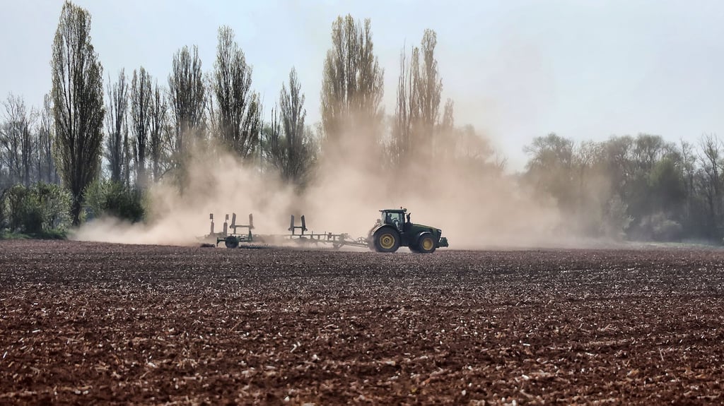 Ein Traktor wirbelt auf trockenem Boden eine Staubfahne auf.