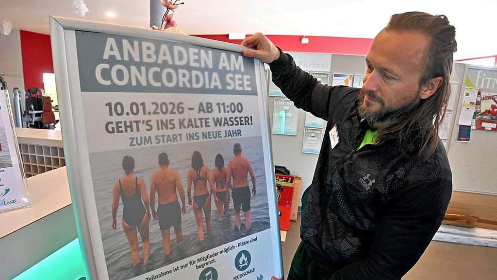 Fitness-Studio-Chef Kevin Schäfer ruft seine Mitglieder zum Anbaden im Concordia See auf.