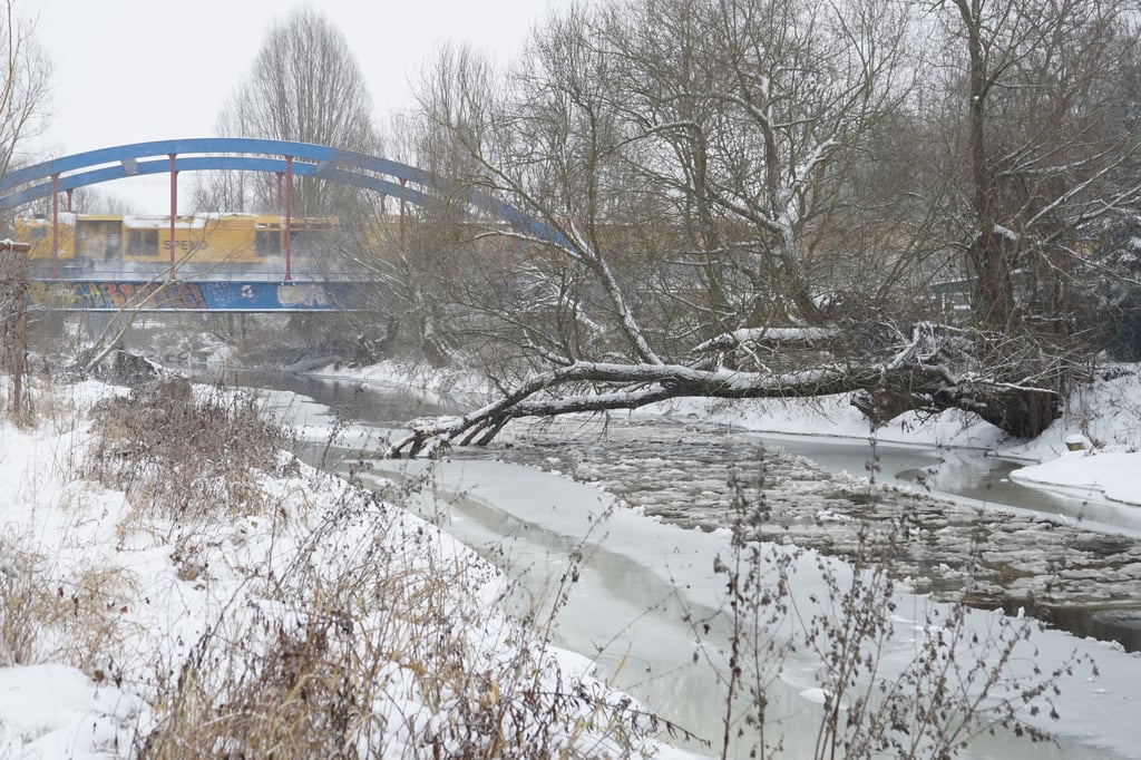 Winter in Wolmirstedt: Auf der Ohre treiben bereits Eisschollen. Der Zugverkehr rollt.