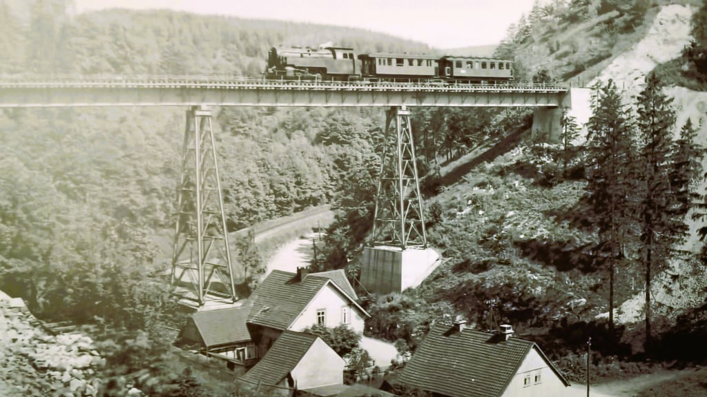 Ein Blick wie auf eine Modelleisenbahnplatte: Die Lok Mammut passiert mit einem kurzen Personenzug am 13. Juni 1932 das Krockstein-Viadukt in Neuwerk. Das Motiv wurde eigens für den Eisenbahnfotografen Carl Bellingrodt arrangiert.