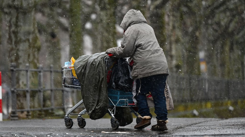 Eine obdachlose Frau schiebt ihr Hab und Gut in einem Einkaufswagen (Symbolbild). In Halle gibt es mehrere Hilfsangebote für wohnungslose Menschen.