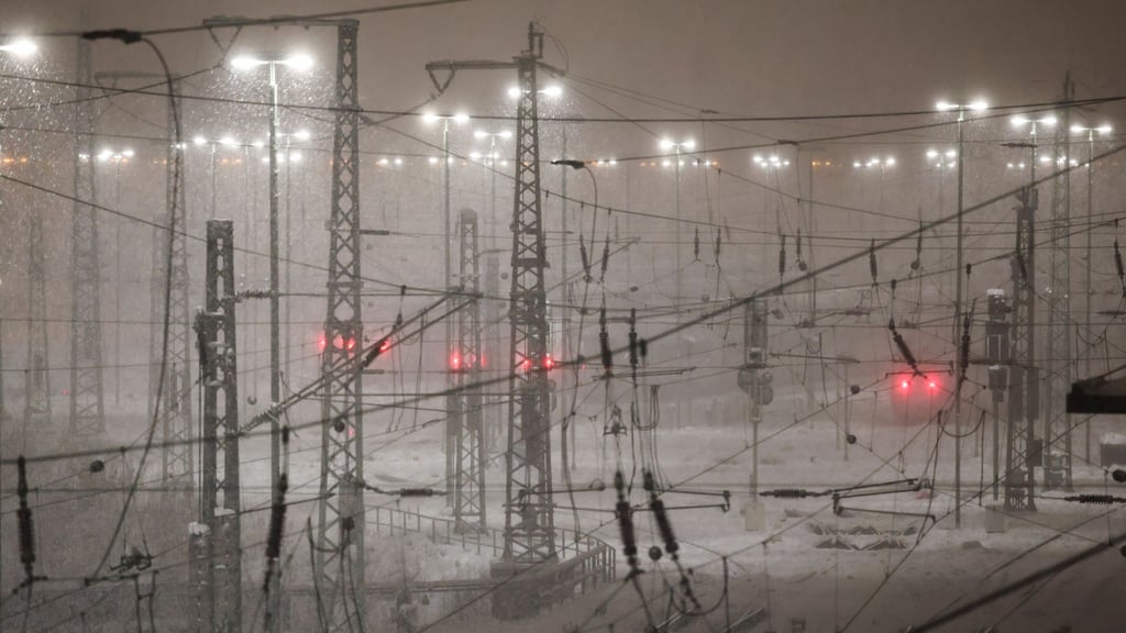 ICE der Deutschen Bahn stehen bei starkem Schneefall im Betriebswerk Langenfelde-Stellingen in Hamburg. (Archivbild)