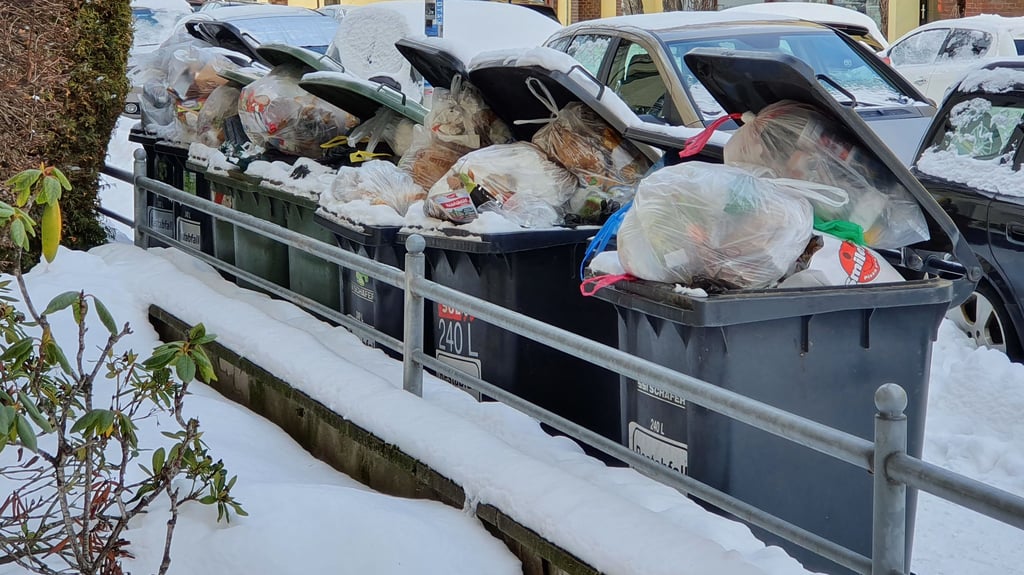 Übervolle Mülltonnen an einer verschneiten Straße.
