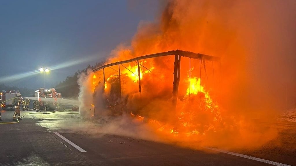 Ein Lkw ist auf der A2 nahe Marienborn (Landkreis Börde) in Flammen aufgegangen.