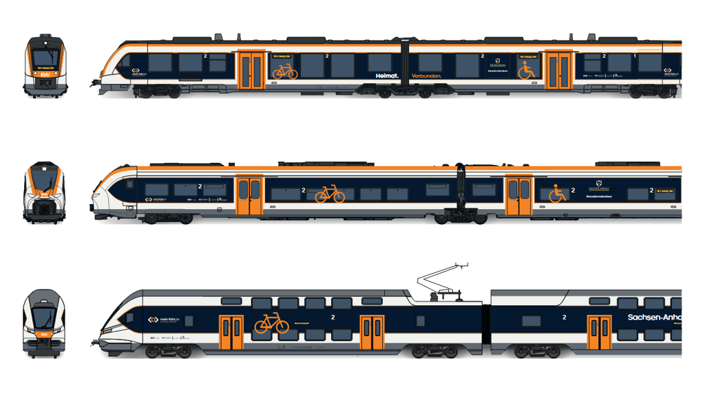 Die Sachsen-Anhalt-Bahnen: Animationen von Zügen im neuen Einheitsdesign, Auszug aus dem Designhandbuch der Nahverkehrsgesellschaft Nasa. Details könnten sich noch ändern, heißt es bei der Nasa.
