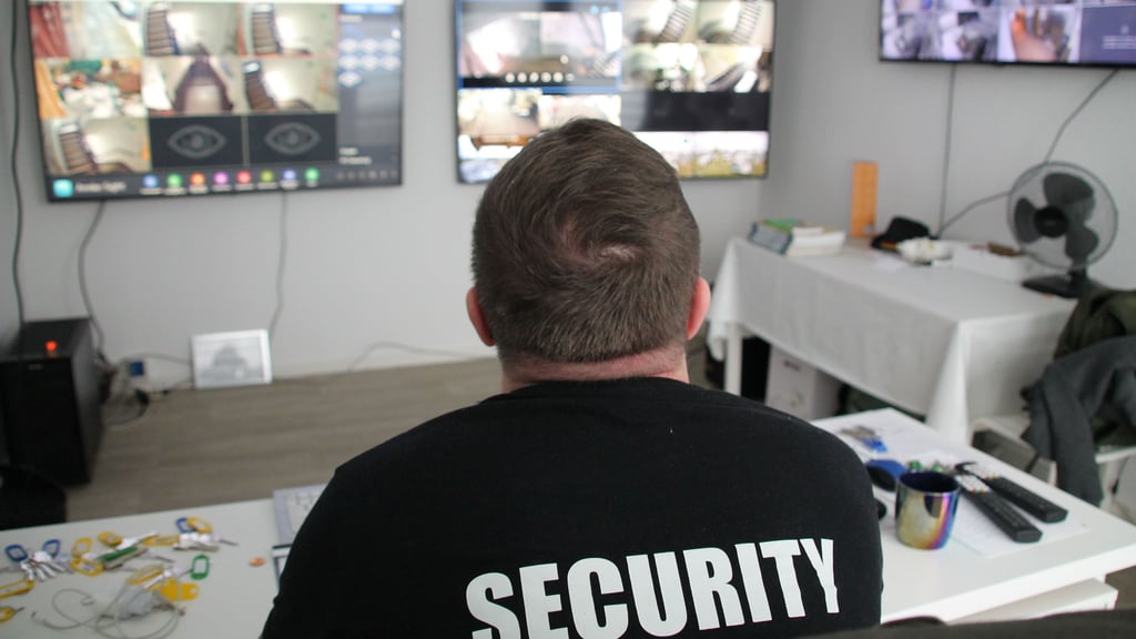 Ein Securitymann überwacht auf mehreren Monitoren die Flure, Treppenhäuser und Eingänge der Flüchtlingsunterkunft. 