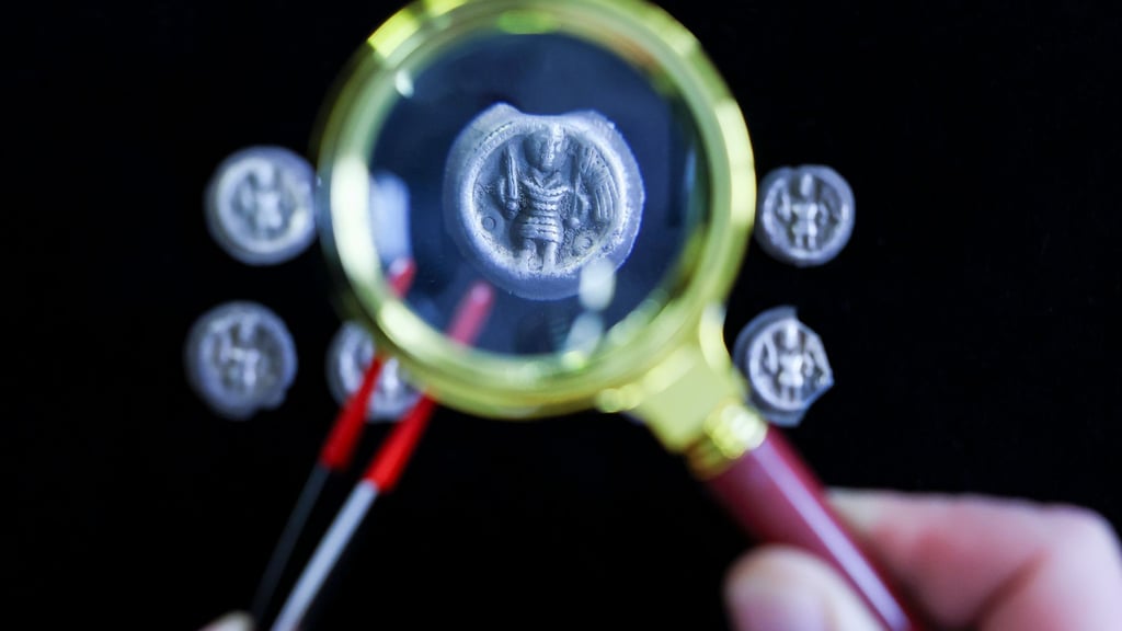 Mittelalterliche Silbermünzen aus dem 12. Jahrhundert unter einer Lupe.