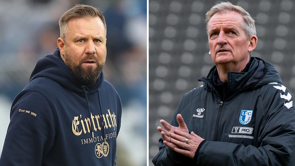 Heiner Backhaus (Eintracht Braunschweig, li.) und Petrik Sander, Cheftrainer vom 1. FC Magdeburg.