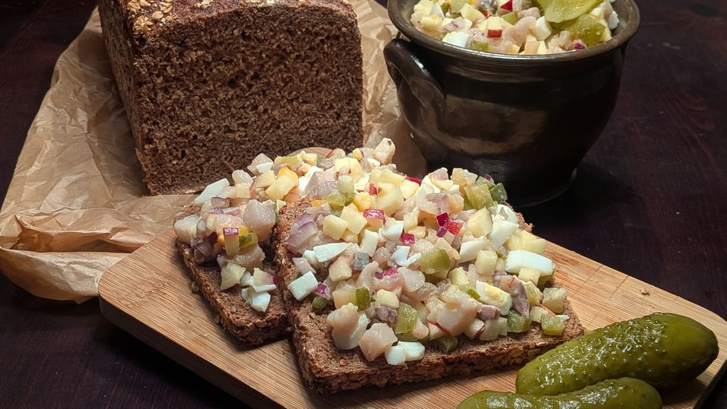 Fein gewürfelt landet das Häckerle mit salzigem Matjes, süßem Apfel, gekochtem Ei und knackigen Gurken auf dem Brot.