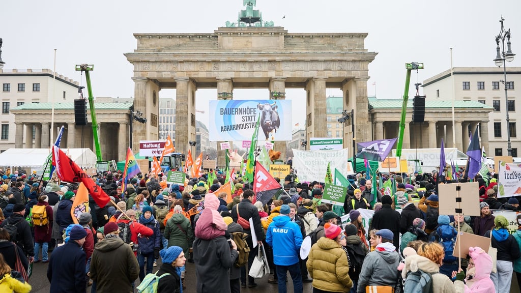 Am Brandenburger Tor in Berlin fordern Demonstranten unter dem Motto „Wir haben es satt“ eine andere Landwirtschaftspolitik.