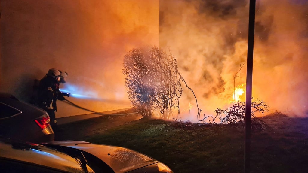 Das neue Jahr begann für die Helftaer Feuerwehr so, wie es endete: mit Einsätzen. Hier sind die Feuerwehrleute dabei, einen Containerbrand in der Silvesternacht zu löschen.