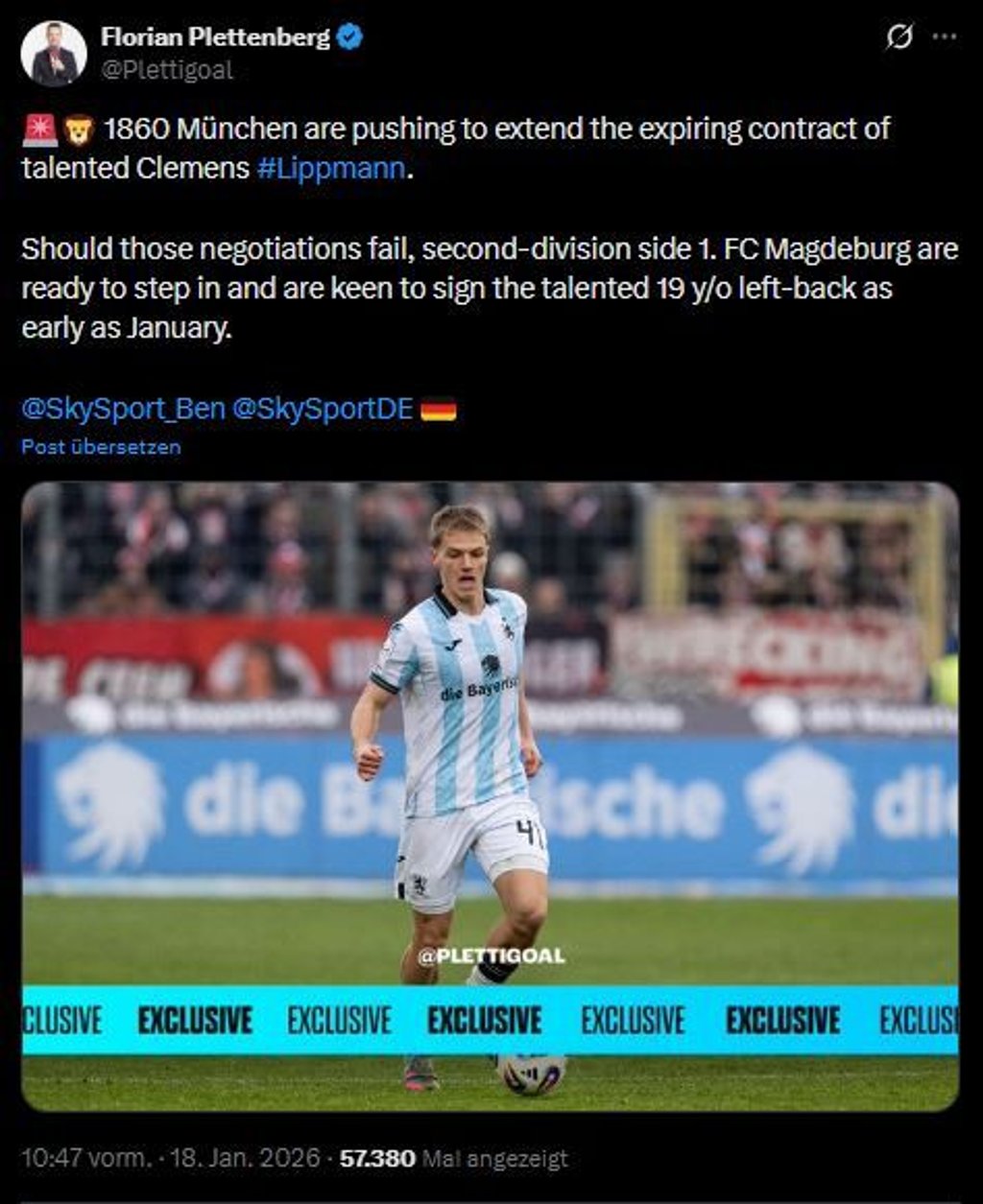 "Sky"-Reporter Florian Plettenberg auf seinem "X"-Kanal: FCM-Interesse an Clemens Lippmann?