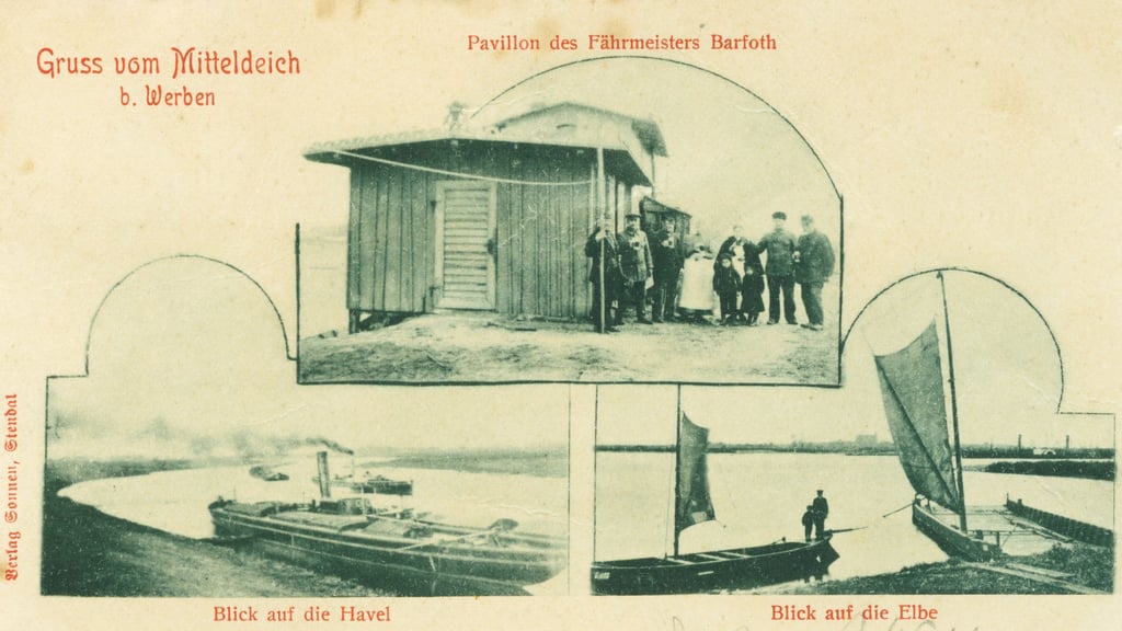 Eine Postkarte vom Mitteldeich nördlich von Werben (Elbe) im Landkreis Stendal, rechts die Elbe mit abgebildeter Schrickfähre, bei der noch Muskelkraft gefragt war.