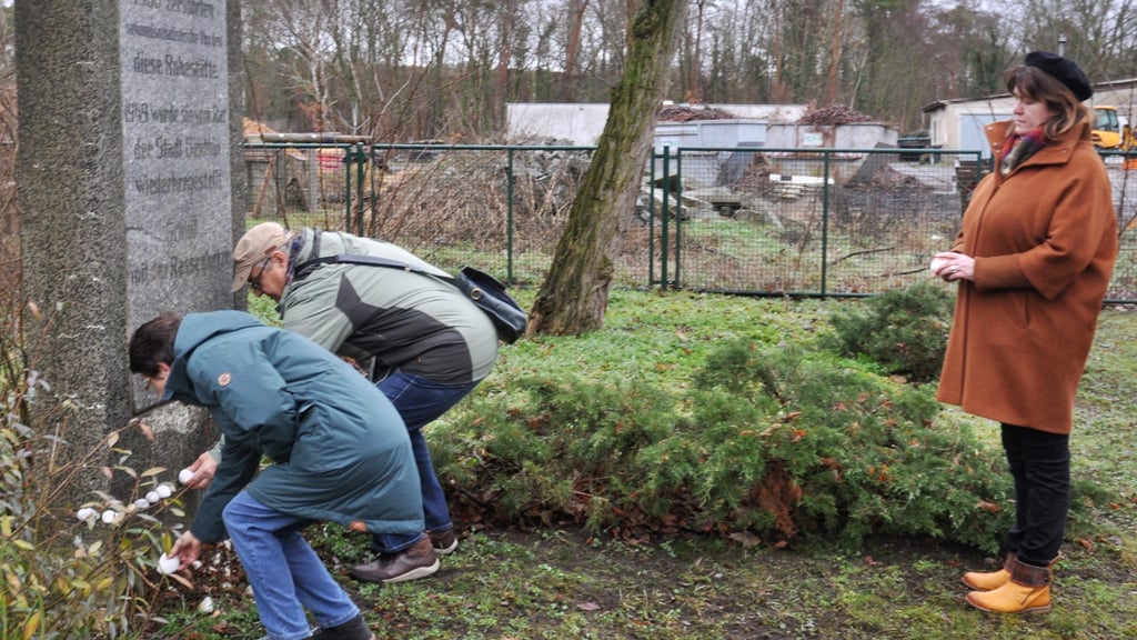 Nach jüdischem Brauch legen Genthiner kleine Steine am Gedenkstein auf dem einstigen jüdischen Friedhof in Genthin ab.  