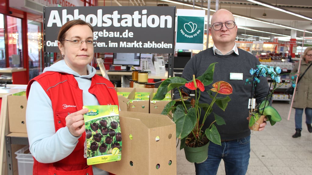 Mitarbeiterin Christine Simon hält eine Box mit verschiedenen Blumenzwiebeln in der Hand. Die zwei Zimmerpflanzen von Marktleiter Lars Walkowiak werden bald in einer der „Retter-Tüten“ landen.