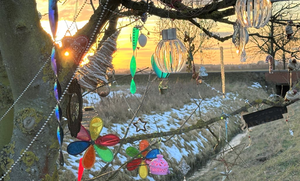 Reich geschmückter Baum zwischen Ebendorf und Meitzendorf, der Rätsel aufwirft.
