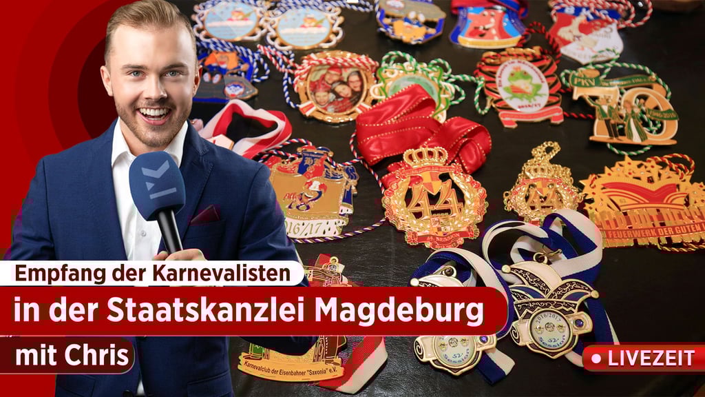 Zahlreiche Orden der aktuellen Session unterschiedlicher Karnevalvereine liegen auf einem Tisch bei einem Empfang in der Staatskanzei in Magdeburg. LIVEZEIT mit Chris am 25. Januar live dabei,