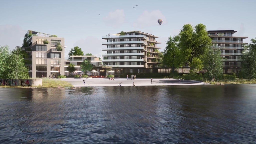 Grüner Stadtmarsch: Blick von der Elbe auf das geplante Viertel in Magdeburg.